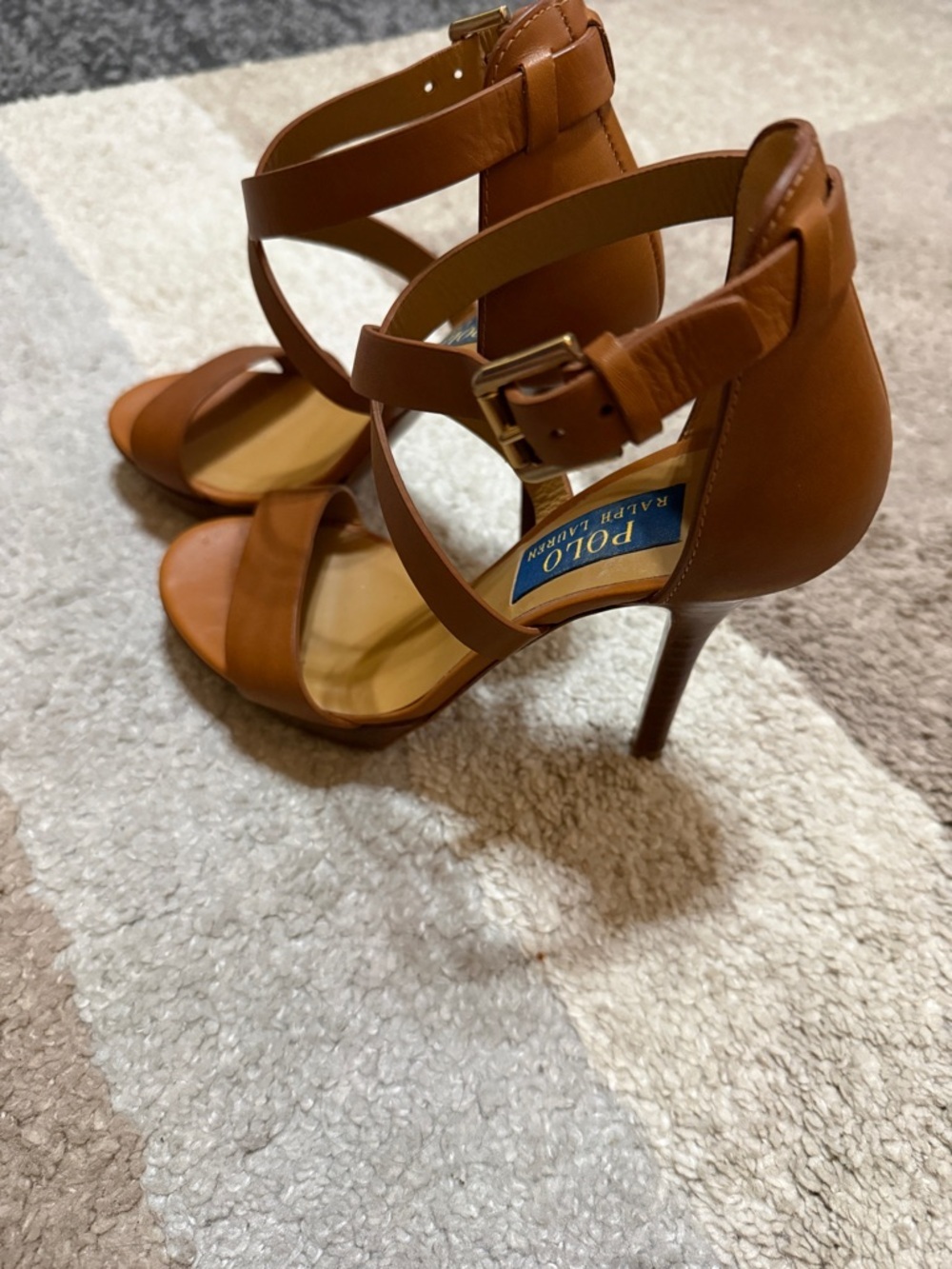 Polo by Ralph Lauren Tan Leather Crisscross Ankle Strap Heels- Size 36.5 - Picture 2 of 7